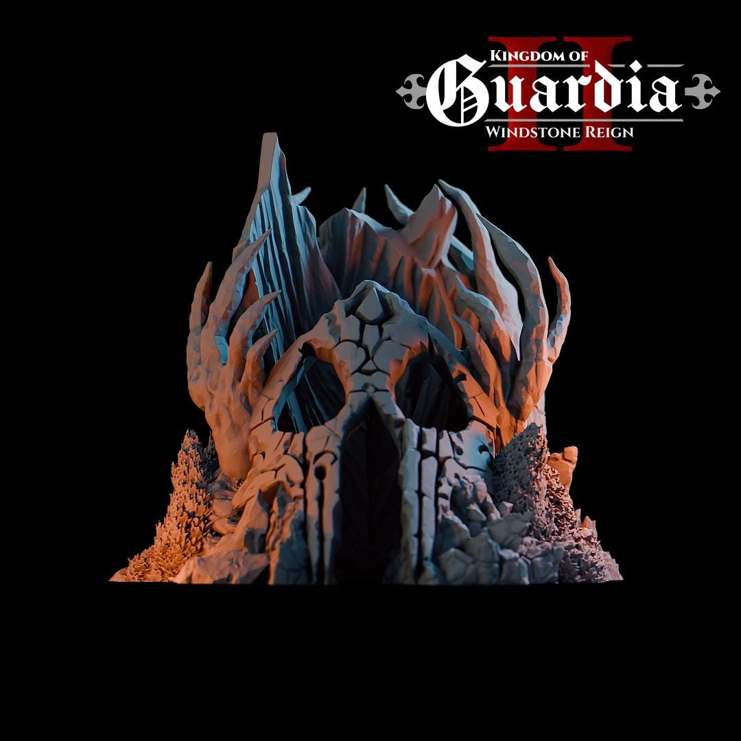 Jagged rock spires rise behind a cracked stone archway, while claw-like formations frame the entrance and textured stonework spreads across the integrated rocky base. The sculpted vertical elements create a towering silhouette ideal for ritual encounters or final boss confrontations. Built as a centerpiece structure, it anchors any fantasy battlefield with imposing height and presence.