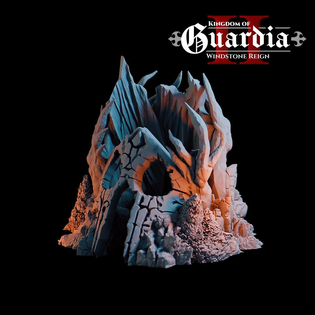 Jagged rock spires rise behind a cracked stone archway, while claw-like formations frame the entrance and textured stonework spreads across the integrated rocky base. The sculpted vertical elements create a towering silhouette ideal for ritual encounters or final boss confrontations. Built as a centerpiece structure, it anchors any fantasy battlefield with imposing height and presence.
