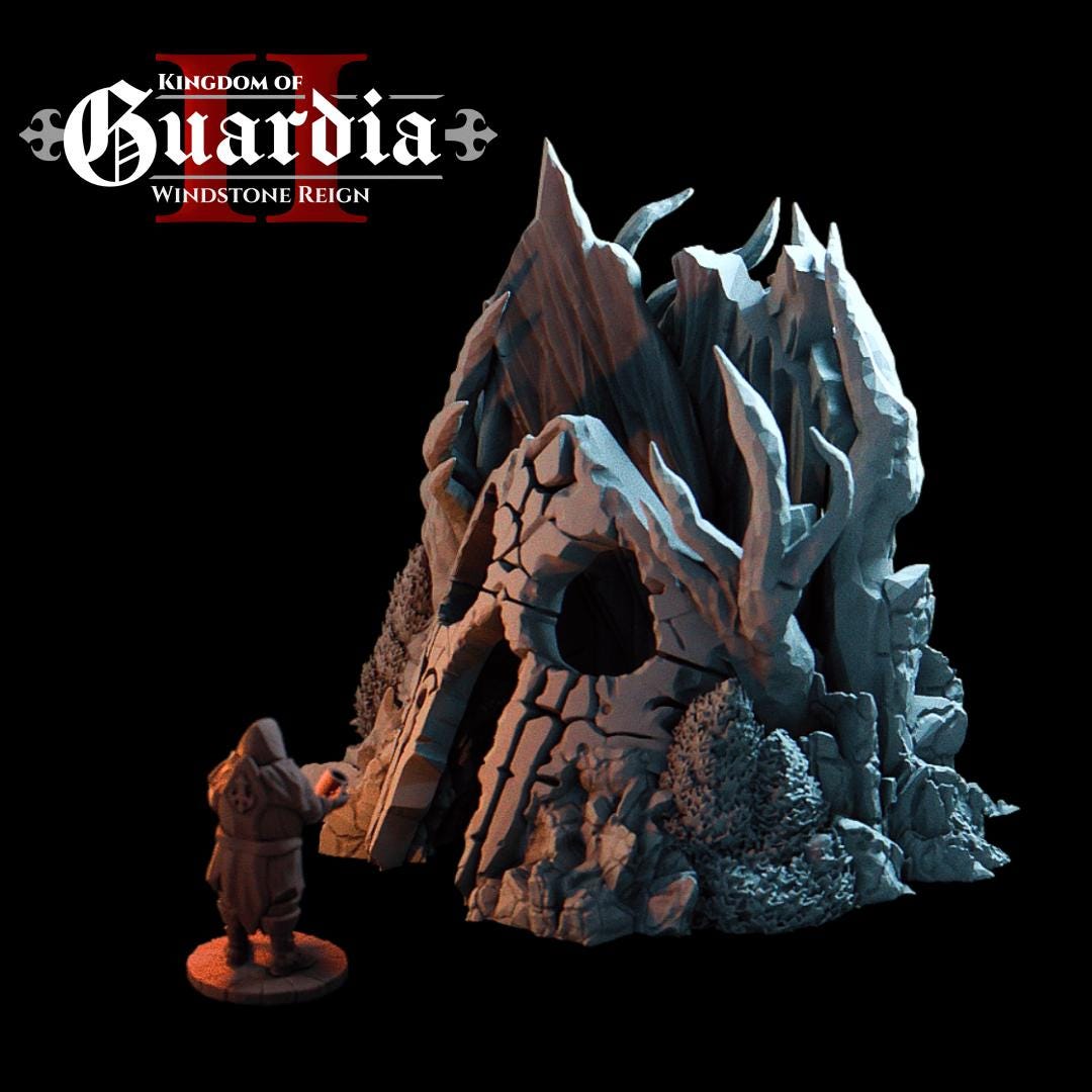 Jagged rock spires rise behind a cracked stone archway, while claw-like formations frame the entrance and textured stonework spreads across the integrated rocky base. The sculpted vertical elements create a towering silhouette ideal for ritual encounters or final boss confrontations. Built as a centerpiece structure, it anchors any fantasy battlefield with imposing height and presence.