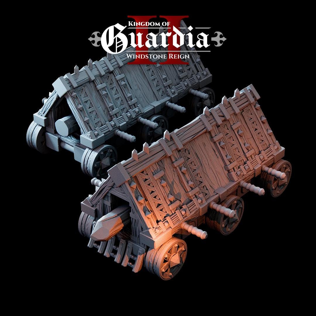 Kingdom of Guardia Battering Ram – 28mm 3D Printed Unpainted PLA Siege Engine Terrain for Tabletop