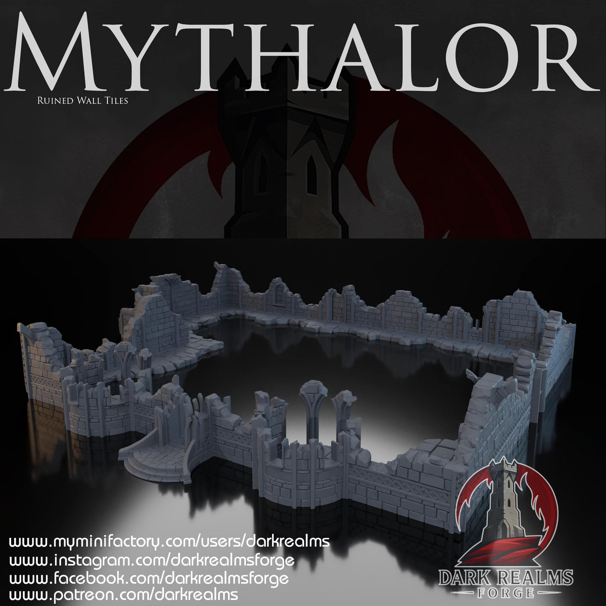 MYTHALOR – Ruined Wall Set, Modular Fantasy Terrain for 28–32mm Tabletop Gaming