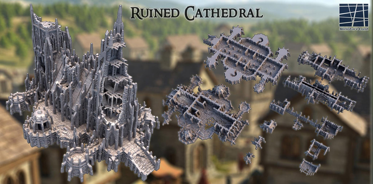 Ruined Cathedral 28mm – 3D Printed Unpainted PLA Gothic Terrain, Multi-Level Ruins for Tabletop RPGs