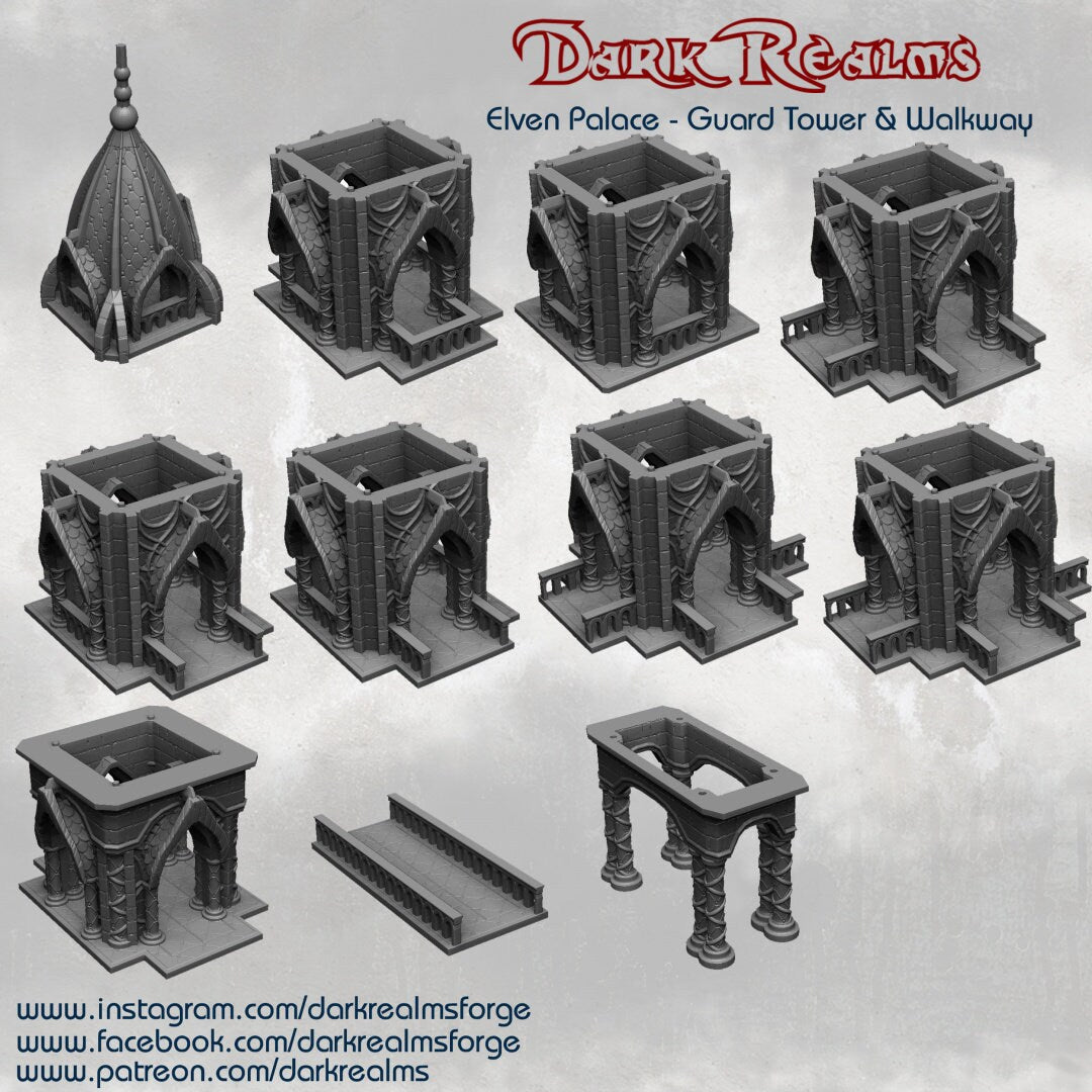 Elven Guard Tower & Walkway, Dungeons and Dragons Tower, Warhammer, Dark Realms, citrine tower, 32mm Scale
