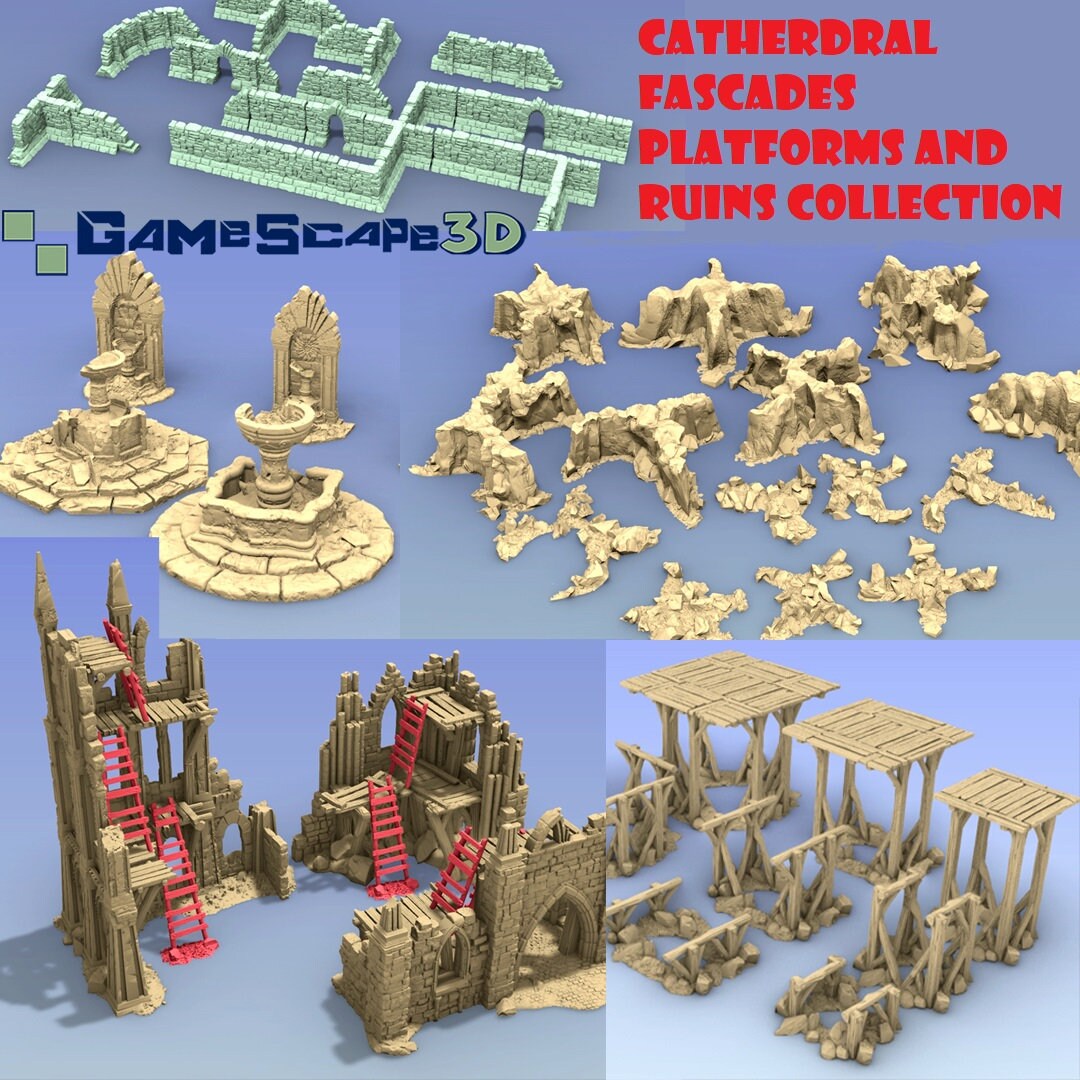 Cathedral Ruins, Ladders, Platforms, Modular Cave Interiors, & Damaged Fountains -28mm Scale - Ruins -Gamescape3d