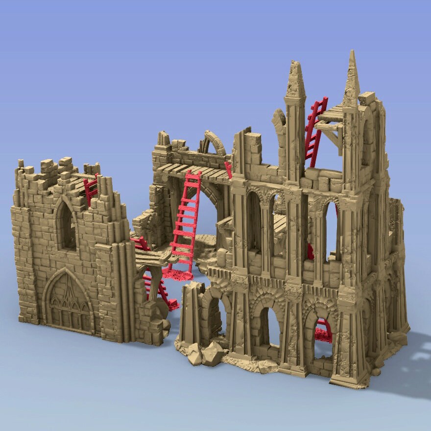 Cathedral Ruins, Ladders, Platforms, Modular Cave Interiors, & Damaged Fountains -28mm Scale - Ruins -Gamescape3d