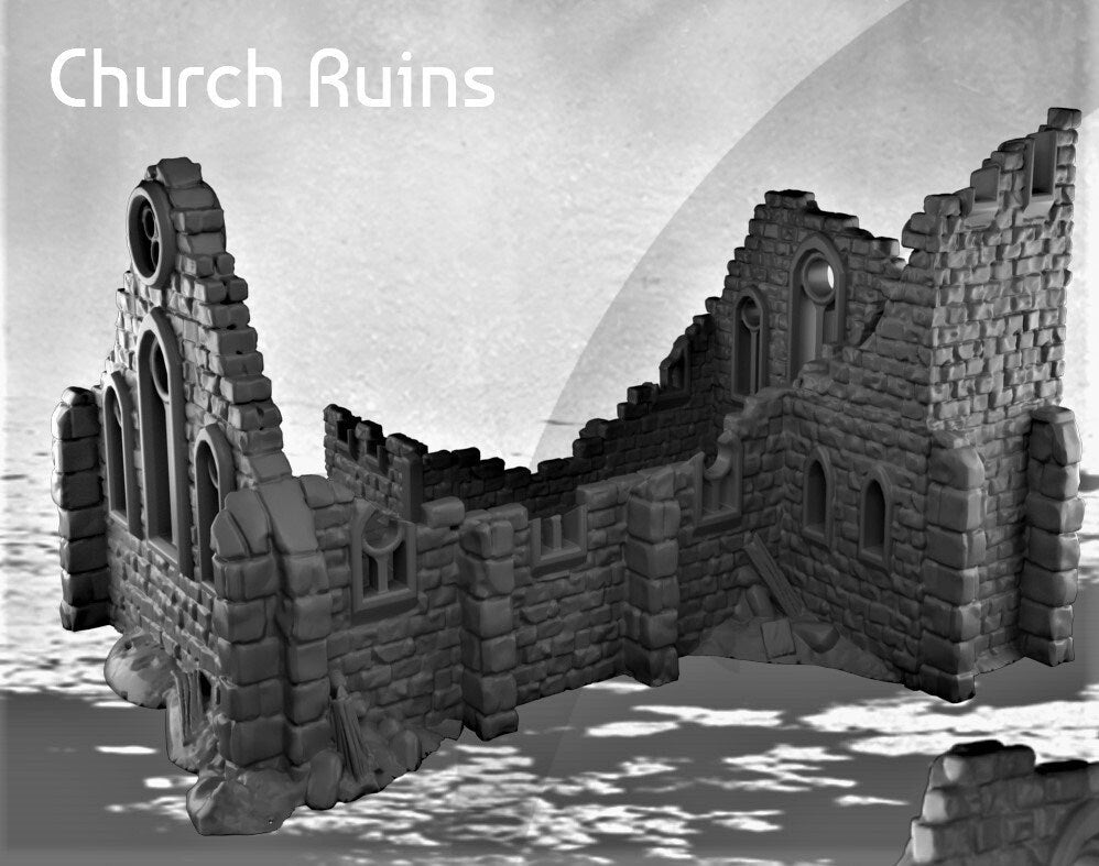 Ruins, Church, Church Ruins, tabletop Ruins, Tabletop Terrain, Ruined Terrain, Castle ruins, ruin, game top ruin, tabletop games, wargaming, ruins terrain, terrain ruins, kasenport, osgiliath, battle ruin, rpg ruin, dungeons and dragons
