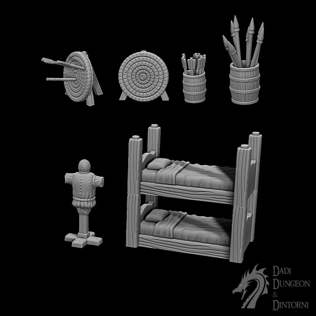 Barracks Set, Terrain, Warhammer, Dungeons and Dragons, 28mm Terrain, Mid City Barracks, Fort, Tower Fort, Defense, Training Center, Training, Scatter, Tabletop