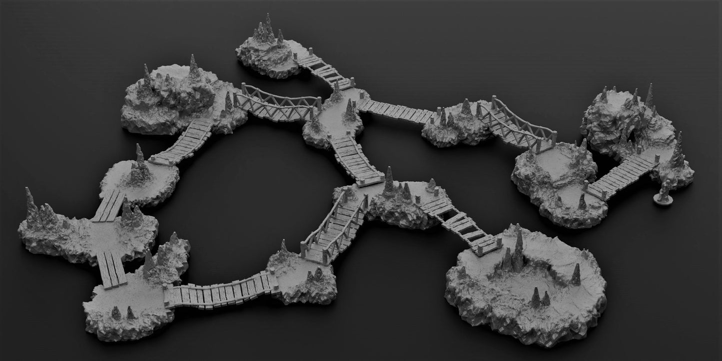 In the bowels of the land sleeps a deep dark secret. treasure filled, death lair. With 12 and 15 bridges there are a multiverse of possibilities at work here lurking over the next bridge of in the center depths of each cavern platform. BEWARE...