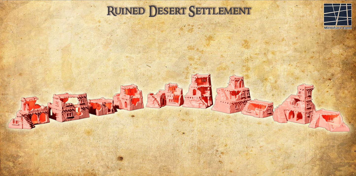 desert, desert settlement. ruined desert settlement, mud house ruins, desert ruins, tabletop ruins, ruin,ruined village, ruined town, town ruin, dnd ruin, dnd terrain,ruin terrain, terrain, tabletop terrain, ruined house
